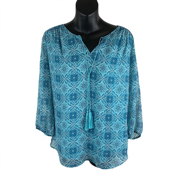 St John’s Bay bohemian print lined blouse with tassels, size S - Picture 1 of 5